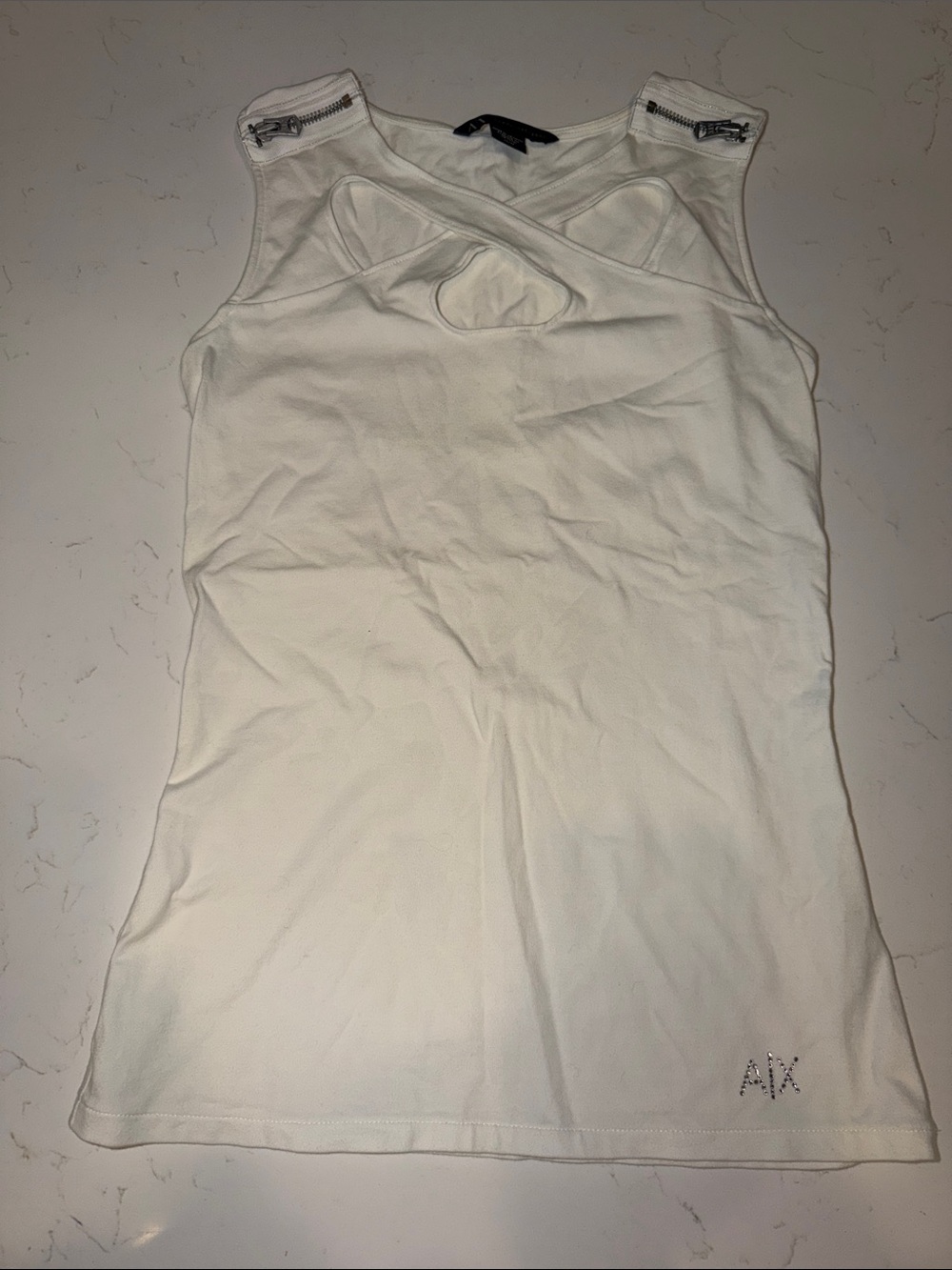 A/X Armani Exchange White Crisscross Tank with Zip-Shoulder Detail